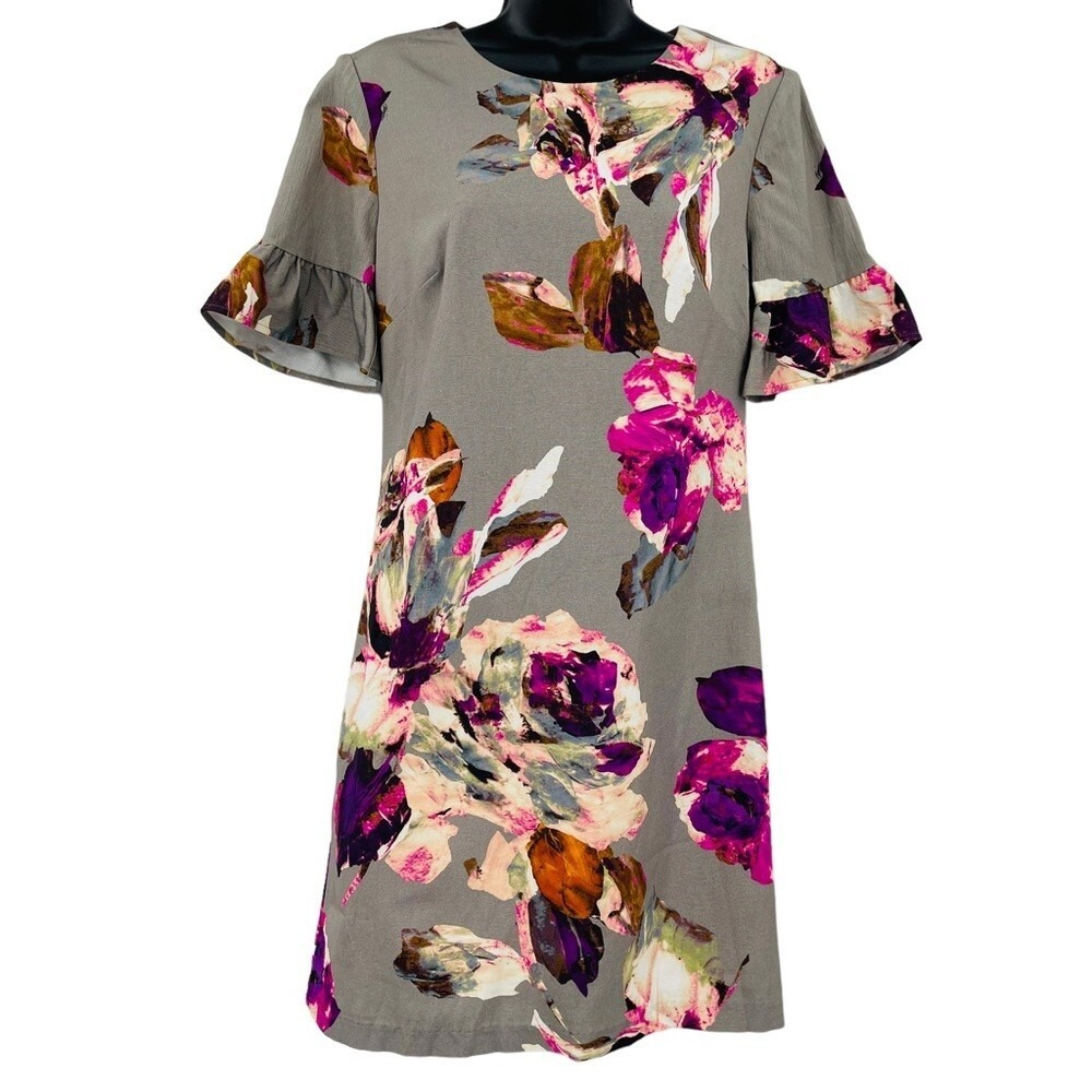 Trina Turk Shift Dress‎ Womens 4 Gray Floral Ruffle Sleeve Wedding Garden